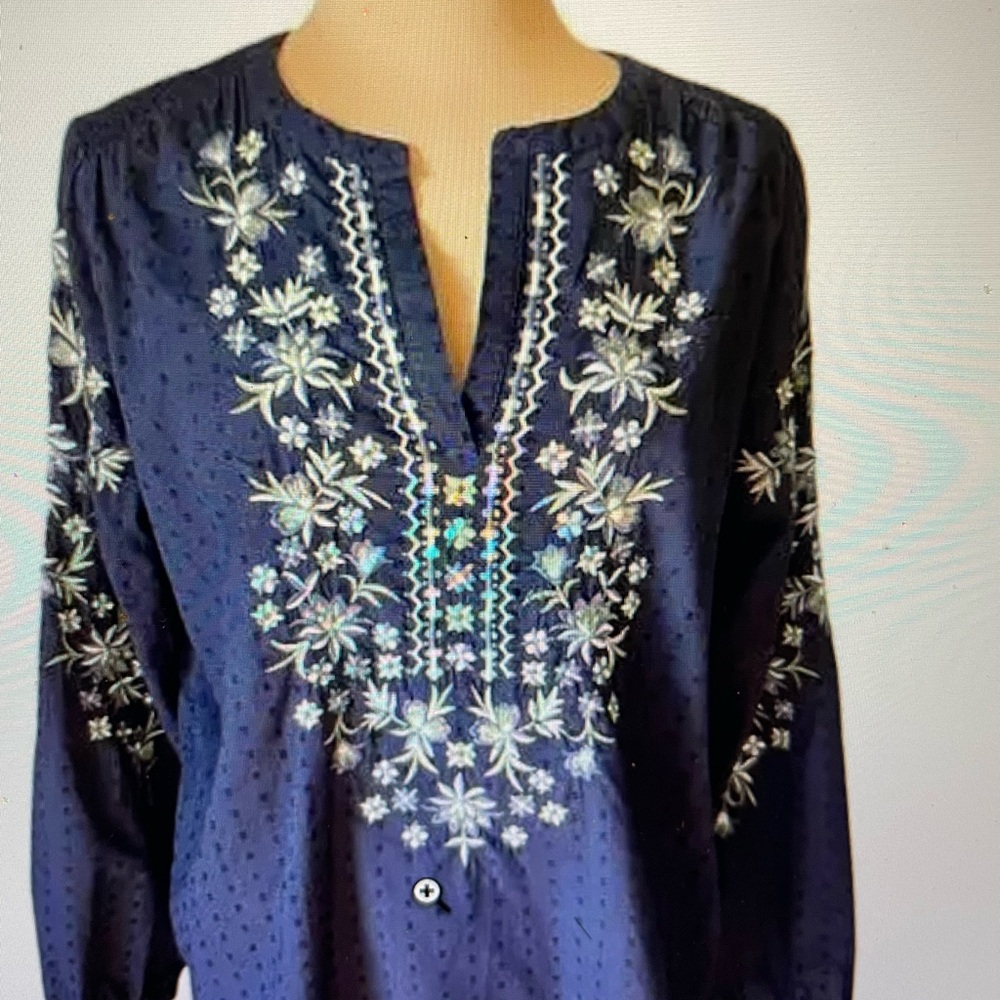 J. Jill Blue Embellished Long Sleeve Blouse with Mandarin Collar